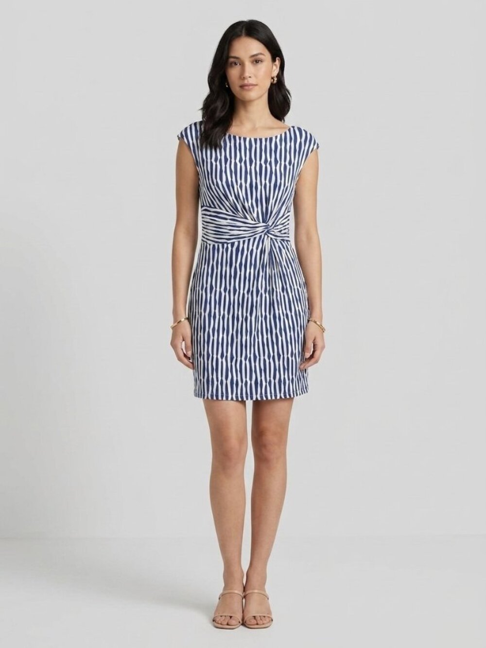 Muse Striped Twist Front Sheath Dress Womens Size 8 Navy White Cap Sleeve Lined